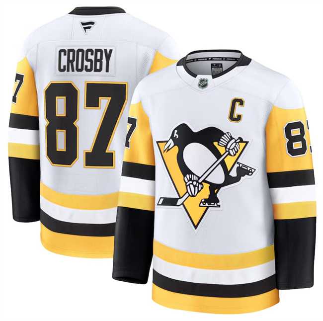 Men%27s Pittsburgh Penguins #87 Sidney Crosby White 2024-25 Away Stitched Hockey Jersey Dzhi